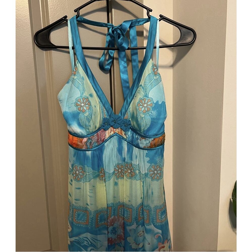 Sue Wong Blue Beaded Watercolor Floral Silk Blend Halter Maxi Dress Size 4 - Picture 4 of 9